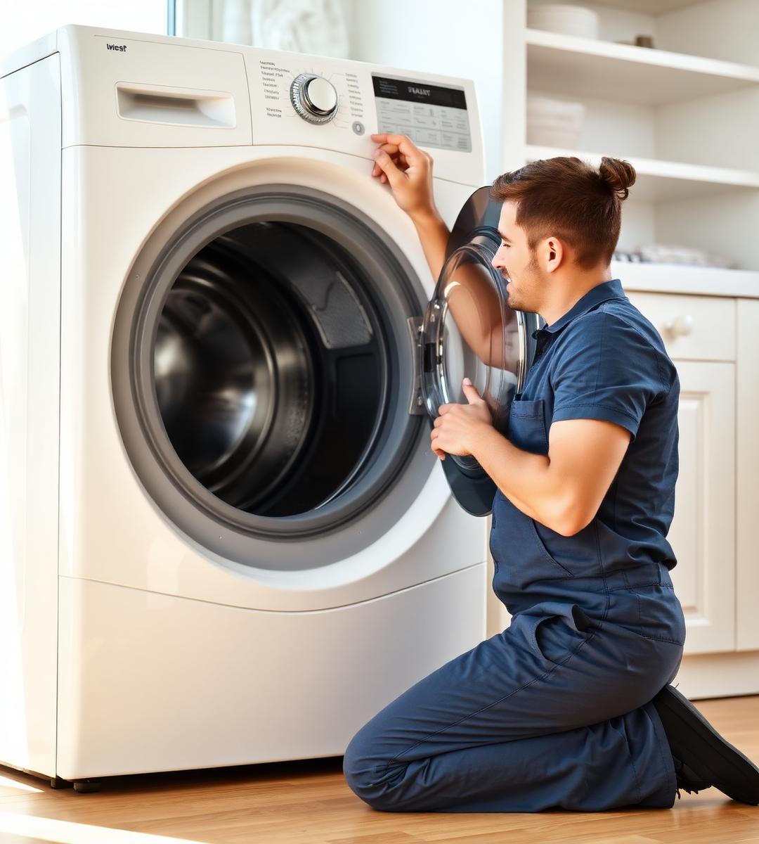Appliance repair technician inspecting a front-load washing machine in a bright home laundry room